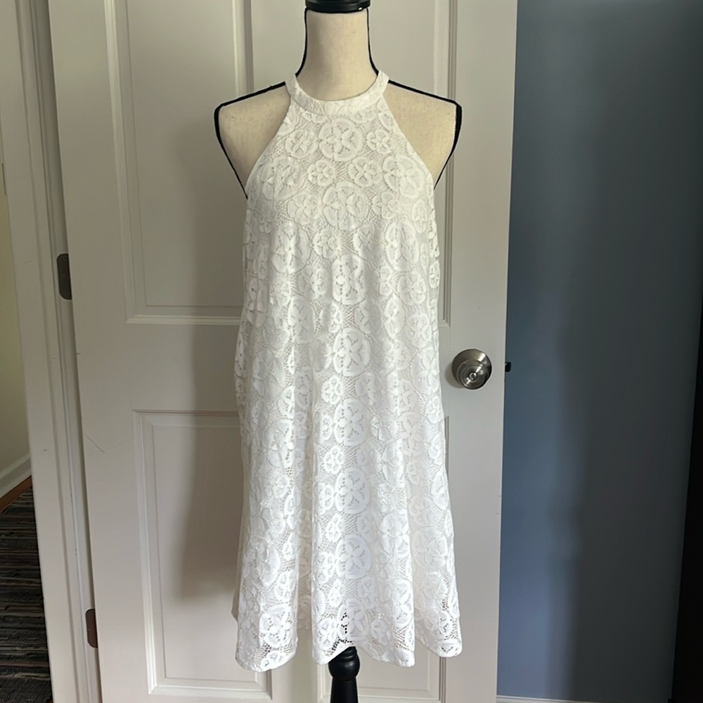 Lilly Pullitzer Dress Womens Medium White Quinn Trapeze Halter Swing Shift Lace